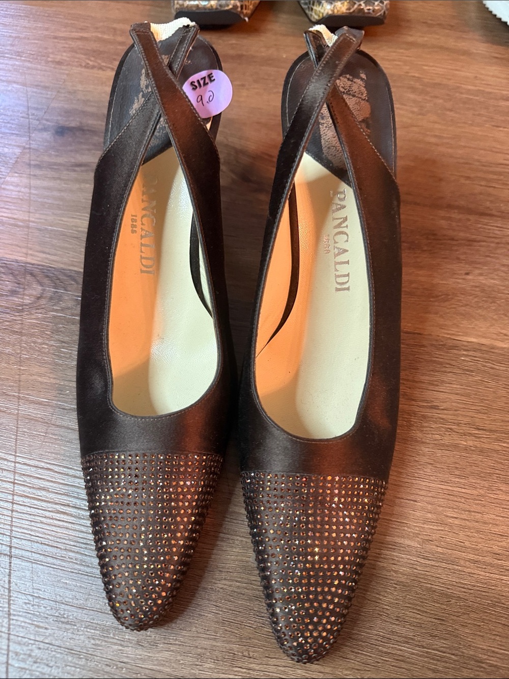 Pancaldi Brown Crystal-Embellished Women's Slingback Pumps size 9B